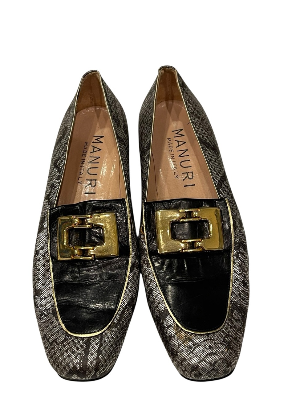 Mauri Black Leather & Silver Snake-Print Loafers with Gold Buckle 38